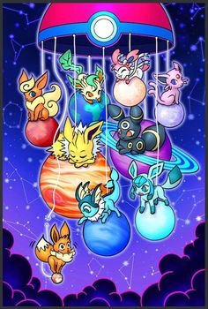 an image of some cartoon characters hanging from the ceiling with stars and planets in the background