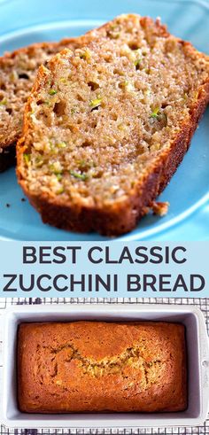 a loaf of zucchini bread on a blue plate next to a baking pan