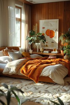 a large bed sitting in a bedroom next to a window filled with potted plants