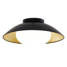 a black and gold ceiling light with two white lights on the top, one is turned off