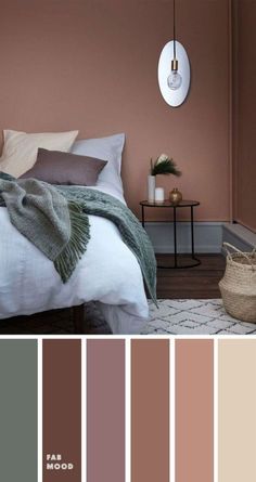 a bedroom with pink walls and neutrals in the color scheme, along with white bedding