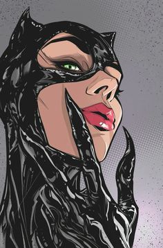 a drawing of a woman wearing a catwoman mask and black latex on her face