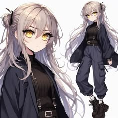 an anime character with long white hair and yellow eyes, wearing black clothing while standing in front of a white background