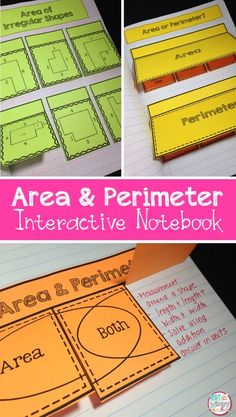 the area and perimeter interactive notebook is shown in three different pictures, with text below