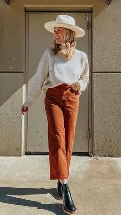 Fall Corduroy Pants Outfits, Red Brown Pants Outfit, Rust Pants Women, Burnt Orange Courdoroy Pants Outfit, Rust Color Pants Outfit Fall, Brown Orange Pants Outfit, How To Style Burnt Orange Pants, Terracotta Pants Outfit, Rust Courdoroy Pants Outfit