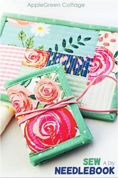 two quilted coasters sitting on top of each other with the words sew a needle book written below them