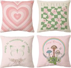 four pillows with different designs on them in pink, green and white colors are shown