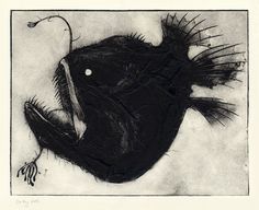 a black and white drawing of a fish with its mouth open in front of the camera