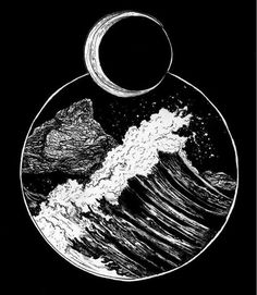 a black and white drawing of waves in a circle with the moon rising above it