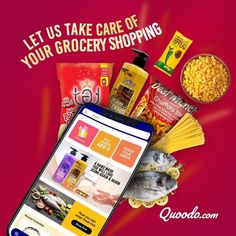 an advertisement for grocery store with food items on the screen and text that reads let us take care of your grocery shopping