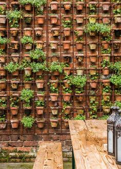 a wooden table sitting in front of a wall covered with potted plants