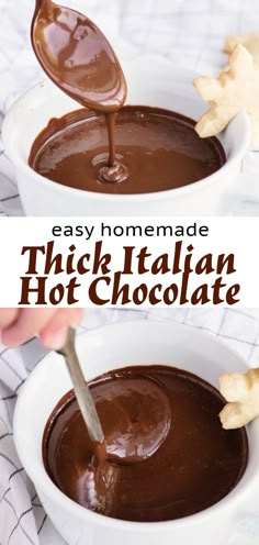 homemade thick italian hot chocolate in a white bowl with a spoon scooping it out