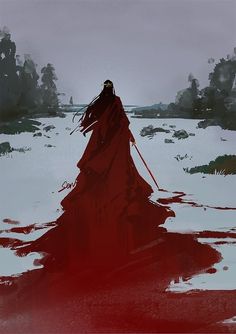 a woman in a red dress is walking through the snow with her long hair blowing in the wind