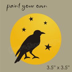 a black bird sitting on top of a yellow moon with stars in the night sky