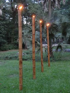 three wooden poles with lights on them in the grass