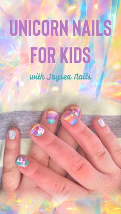 Kids’ unicorn manicure with rainbow accent nails. Unicorn Nails For Kids, Rainbow Nails For Kids, Kids Rainbow Nails, Unicorn Manicure, Nails For 3rd Grade, Rainbow Unicorn Nails, Kids Unicorn Nails, Nail Art For Kids Girls Easy, Nail Design For Kids