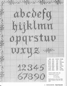 an old fashioned cross stitch pattern with the words abc, dk, and q