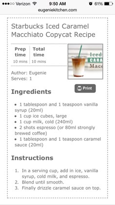 the menu for starbucks iced caramel macchiato copycat recipe