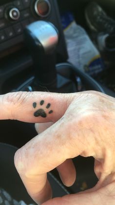 a person's hand with a small paw tattoo on their left index finger, in front of a car steering wheel