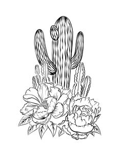 a black and white drawing of a cactus with flowers