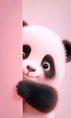 a panda bear peeking out from behind a pink wall