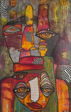 an abstract painting with many different colors and shapes on it's face, including two faces