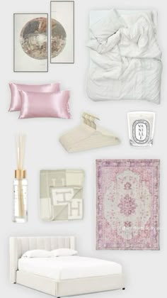 a white bedroom with pink accessories and pictures on the wall