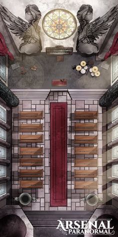 an aerial view of the inside of a building with two angels and a red door