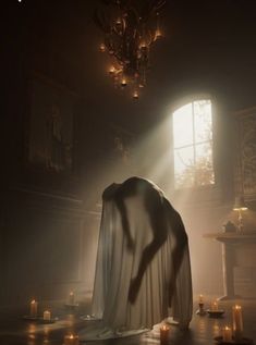 a ghostly ghost in a dark room with candles