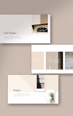 three different layouts for a project on a beige background with an image of a house