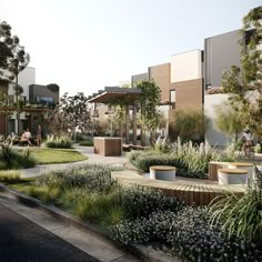 an artist's rendering of a park with benches, trees and plants in the foreground