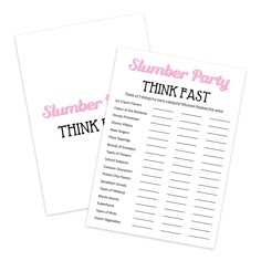 two pink and black printable party game cards with the words,'summer party think fast