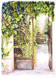 a painting of an open gate with vines growing on the wall and steps leading up to it