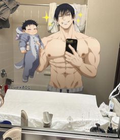 a man holding a cell phone standing in front of a mirror with an anime character on it