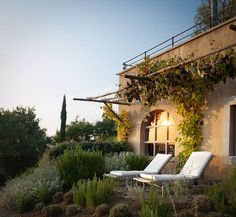 two chaise lounge chairs in front of a house with plants growing on the roof