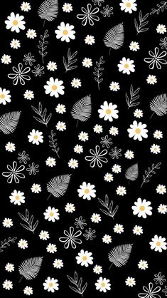 a black and white flower pattern with daisies, leaves and other flowers on it