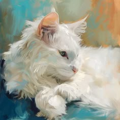 a painting of a white cat with green eyes