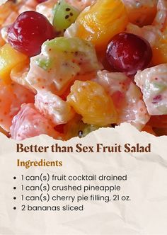 a close up of fruit salad on a piece of paper with information about the ingredients