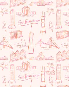 the san francisco skyline is drawn in pink and orange on a white background with buildings