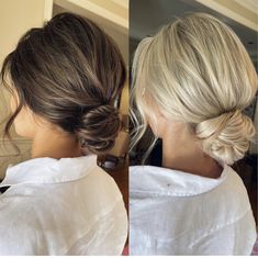 two women with blonde hair in buns, one is wearing a white shirt and the other has a black tie