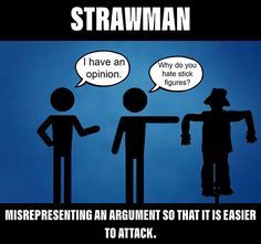 two people talking to each other in front of a blue background with text that reads, strawman i have an opinion why do you hate stick figures?