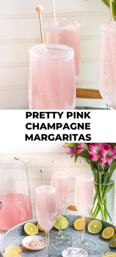 pretty pink champagne margaritas on a tray with flowers