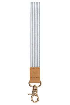 a white and blue striped lanyard with a gold metal hook on it's end