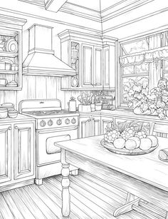 a drawing of a kitchen with an oven and table