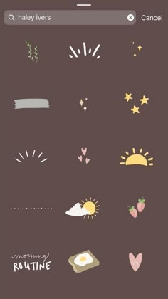 an iphone screen with various stickers on it, including the sun and other things