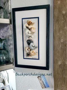 there are framed pictures on the wall with seashells hanging from it's sides