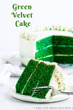 a green velvet cake on a plate with a fork