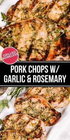 pork chops w / garlic and rosemary on a white plate with text overlay