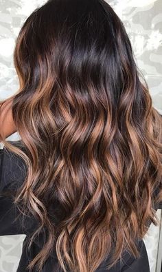 A rich and shiny brunette base with dark caramel sunkisses. Color by Gabrielle at Simplicity Salon. Dark Brown Hair With Caramel Highlights, Dark Brunette Balayage Hair, Dark Brunette Balayage, Brown Hair With Caramel Highlights, Rambut Brunette, Brunette Ombre, Brown Ombre Hair, Brunette Balayage