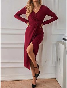 Women's Party Dress Red Christmas Dress Cocktail Dress Dress Midi Dress Wine Long Sleeve Pure Color Split Spring Fall Winter V Neck Winter Dress Christmas Red Winter Maxi Dress For Party, Red Winter Party Maxi Dress, Burgundy Formal Dress For Christmas, Christmas Formal Burgundy Dress, Winter Formal Burgundy Dress, Burgundy Winter Formal Dress, Burgundy Formal Dress For Winter, Solid Color Maxi Dress For Winter Party, Elegant Solid Color Dresses For Party Season